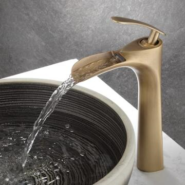 Antique Basin Tap Antique Brass Mixer Water Waterfall Tall Bathroom Sink Tap T0268AH - Click Image to Close