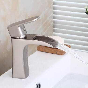 Contemporary Nickel Brushed Brass Waterfall Bathroom Mixer Sink Tap T0268N - Click Image to Close