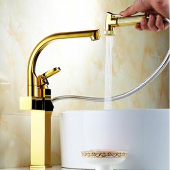 Golden Pull Out Multifunction Mixer Tap Both For Kitchen and Bathroom Sink Tap T0269G - Click Image to Close
