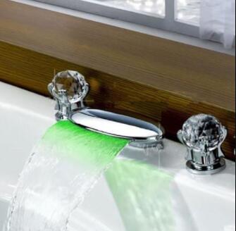 Brass LED Temperature Control Waterfall Bathroom Three Holes Tap T0315L - Click Image to Close