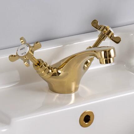 Traditional Gold Pure Copper Single Hole Double Cross Handle Mixed Basin Taps Column Basin Tap T0316G