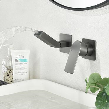 Brass Gun-Grey Finished Rotatable Spout Mixer Concealed Wall Mounted Bathroom Sink Taps T0330G - Click Image to Close