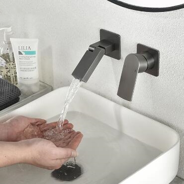 Brass Gun-Grey Finished Rotatable Spout Mixer Concealed Wall Mounted Bathroom Sink Taps T0330G - Click Image to Close