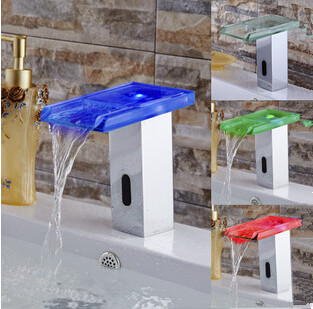 New Arrival Automatic LED Color Changing Bathroom Glass Spout Sink Tap T0350