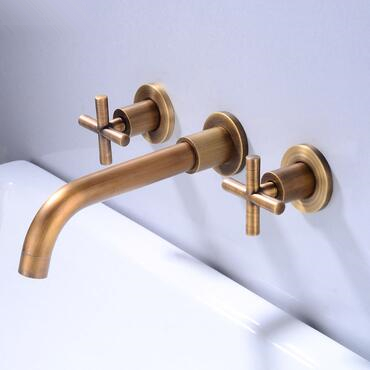 Antique Brass Concealed Installation Wall Mounted Two Handles Bathroom Sink Tap T0375A