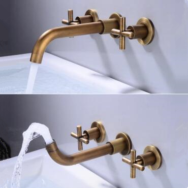 Antique Brass Concealed Installation Wall Mounted Two Handles Bathroom Sink Tap T0375A