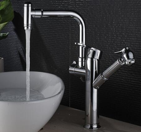 Chrome Finished Brass Pull Out 780° Rotatable Bathroom Sink Tap T0378CH - Click Image to Close