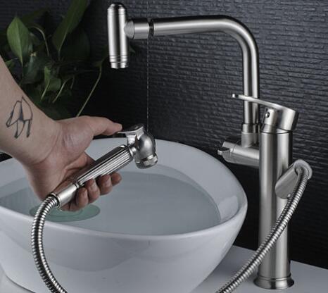 Brass Nickel Brushed Pull Out 780° Rotatable Bathroom Sink Tap T0378NH - Click Image to Close