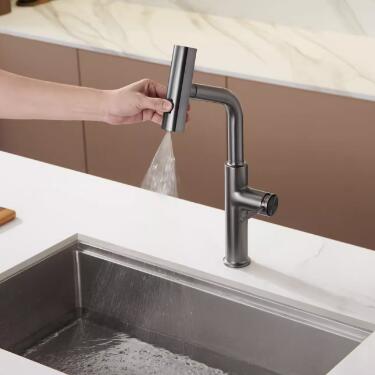Brass Gun-Grey Finished Waterfall Spout Pull Down Kitchen Sink Tap T0388G - Click Image to Close