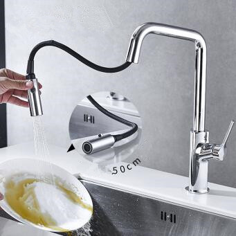 Chrome Finished Brass 360° Rotatable Single Handle Pull Out Kitchen Sink Tap T0489C - Click Image to Close