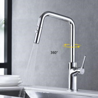 Chrome Finished Brass 360° Rotatable Single Handle Pull Out Kitchen Sink Tap T0489C - Click Image to Close