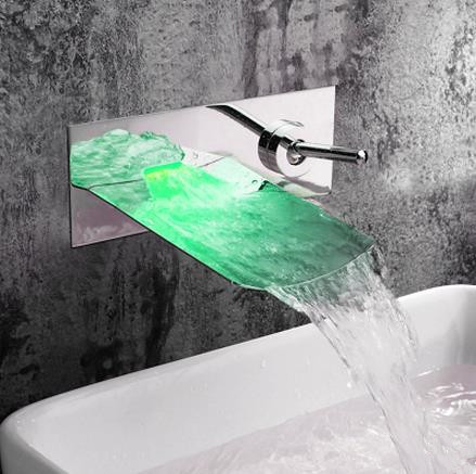 Chrome Finish Color Changing LED Waterfall Wall Mount Bathroom Sink Tap T0500BF