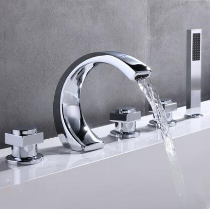 Brass Chrome Finished Five-pieces Widespread Tub Tap with Hand Shower T0580C - Click Image to Close