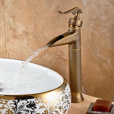 Antique Brass Waterfall Mixer Bathroom Sink Tap T0599AH
