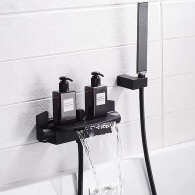 Bathtub Taps Black Bronze Brass Wall Mounted Waterfall Spout Tub Set With Hand Shower T0760B - Click Image to Close