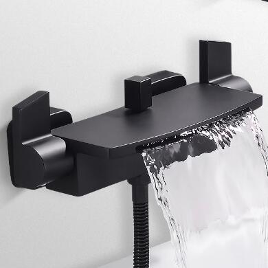 Bathtub Taps Black Bronze Brass Wall Mounted Waterfall Spout Tub Set With Hand Shower T0760B - Click Image to Close