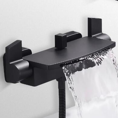 Bathtub Taps Black Bronze Brass Wall Mounted Waterfall Spout Tub Set With Hand Shower T0760B