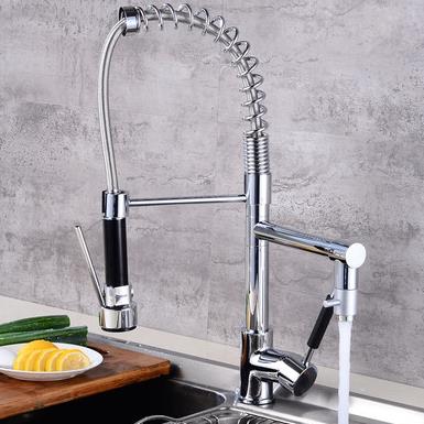 Contemporary Solid Brass Single Handle Spring Kitchen Tap with Two Spouts - T0783 - Click Image to Close