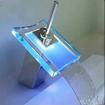 Contemporary Color Changing LED Glass Spout Waterfall Bathroom Sink Tap - T0815-1F