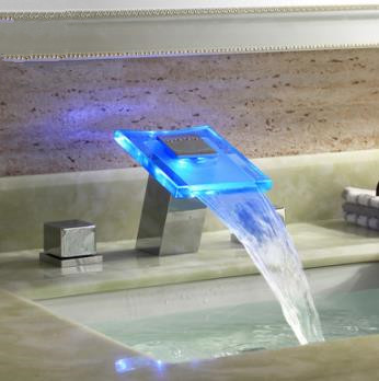 Contemporary LED Two Handles Hydroelectric Waterfall Sink Tap T0827F