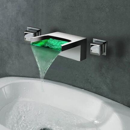 Contemporary LED Waterfall Two Handles Wall Mounted Bathroom Sink Tap T1245 - Click Image to Close