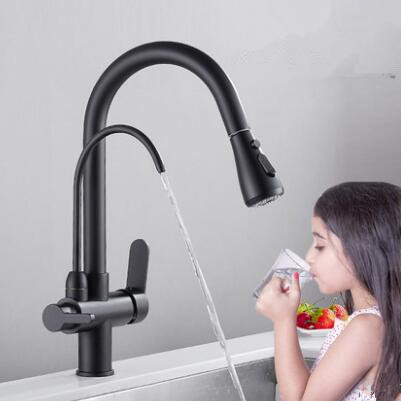 Kitchen Three Way Tap Black Bronze Brass Drinking Water Pull Out Kitchen Sink Tap T3290B - Click Image to Close