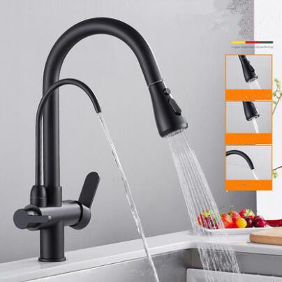 Kitchen Three Way Tap Black Bronze Brass Drinking Water Pull Out Kitchen Sink Tap T3290B - Click Image to Close