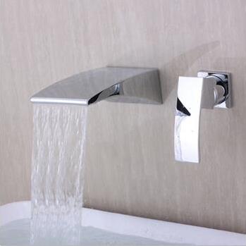 Contemporary Wall Mounted Waterfall Chrome Finish Bathroom Sink Tap T6037