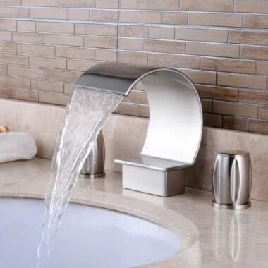 Brushed Nickel Finish Waterfall Bathroom Sink Tap Widespread T7707N - Click Image to Close