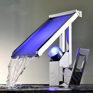 Contemporary Color Changing LED Waterfall Widespread Bathroom Sink Tap - T8002-2