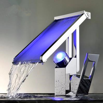 Contemporary Color Changing LED Waterfall Widespread Bathroom Sink Tap - T8002-2 - Click Image to Close