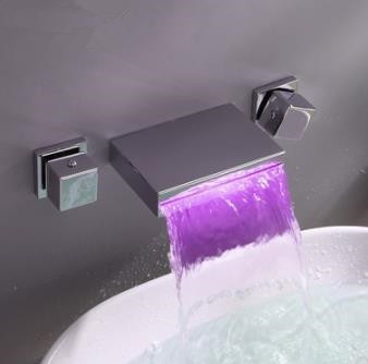 Widespread Wall Mount Waterfall 3 Colors LED Bathroom Sink Tap T8041 - Click Image to Close