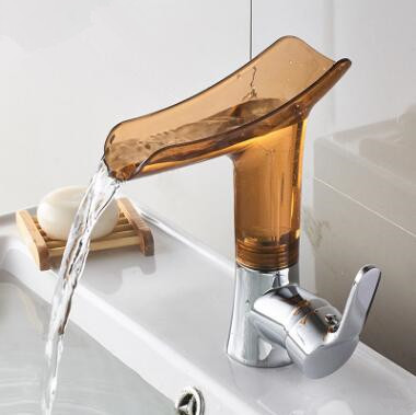 Bathroom Basin Tap 360° Rotatable Brown Glass Waterfall Spout Mixer Sink Tap TA0168B - Click Image to Close