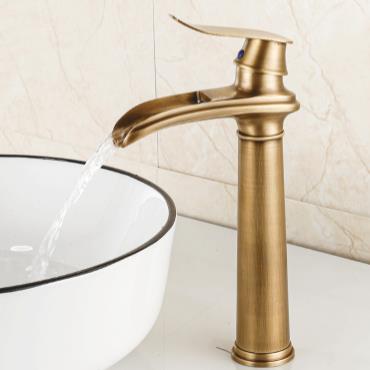 Antique Basin Tap Antique Brass Waterfall Mixer High Version Bathroom Sink Tap TA0178H - Click Image to Close