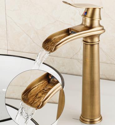 Antique Basin Tap Antique Brass Waterfall Mixer High Version Bathroom Sink Tap TA0178H - Click Image to Close