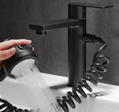 Black Brass Basin Tap With Hand Shower Washing Head Designed Bathroom Sink Tap TA0218B