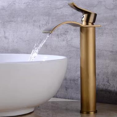 Antique Basin Tap Brass Waterfall Mixer Water Bathroom Sink Tap High Version TA0280H - Click Image to Close