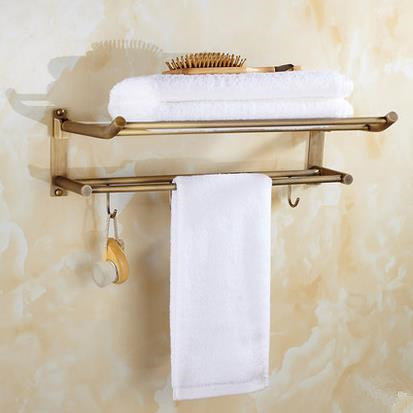 Antique Brass Bathroom Double Towel Bar With Robe Hooks TA165DS - Click Image to Close