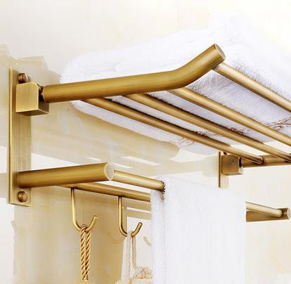 Antique Brass Bathroom Double Towel Bar With Robe Hooks TA165DS