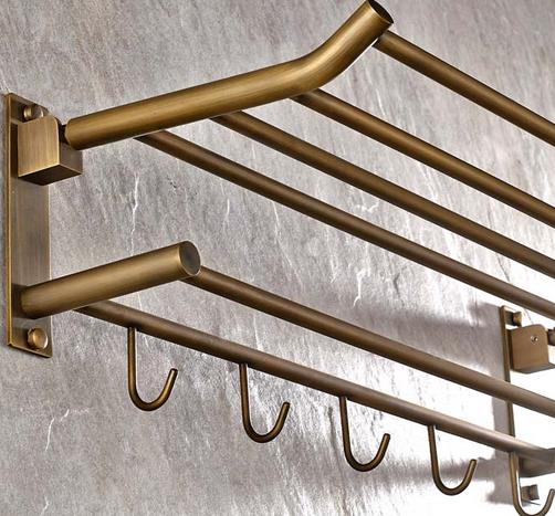 Antique Brass Bathroom Double Towel Bar With Robe Hooks TA165DS - Click Image to Close