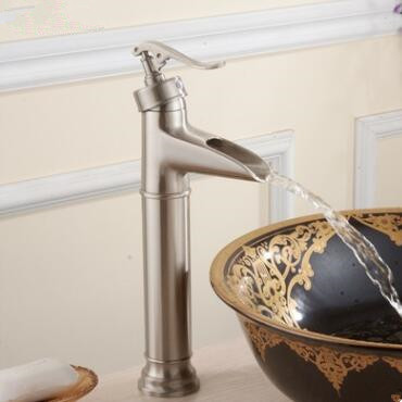 Brass Nickel Brushed Waterfall Bathroom Sink Tap TA170N - Click Image to Close