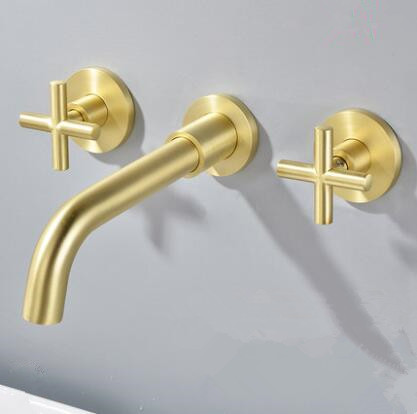 Antique Golden Brass Brushed Wall Mounted Two Handles Mixer Bathroom Sink Tap TA3790 - Click Image to Close