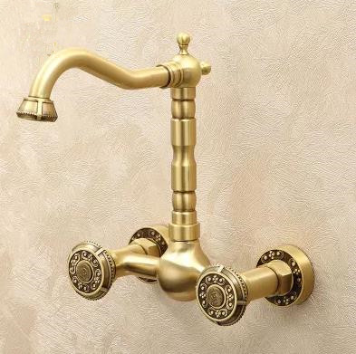 Antique Brass Carved Classical Wall Mounted Kitchen & Bathroom Mixer Tap TA395L - Click Image to Close