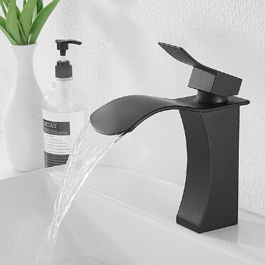 Modern Single Handle Black Brass Waterfall Mixer Water Bathroom Sink Tap TB0108 - Click Image to Close