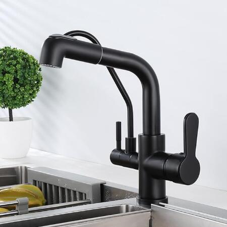 Black Kitchen Brass Tap With Pull Out Spray Swivel Hot And Cold Pure Water Three Way Kitchen Taps TB0150