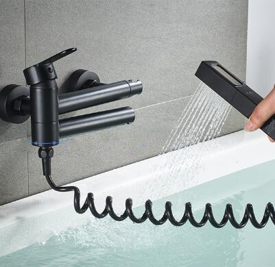 Black Wall Mounted Brass Mixer Bathroom Bathtub Tap With Hand Shower TB0238 - Click Image to Close