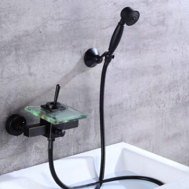 Bathtub Tap Bathroom Waterfall Glass Spout Black Bronze Tap with Hand Shower TB0320G - Click Image to Close