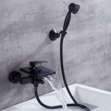 Antique Bathtub Tap Bathroom Black Bronze Brass Waterfall Glass Tap with Hand Shower TB0355G - Click Image to Close