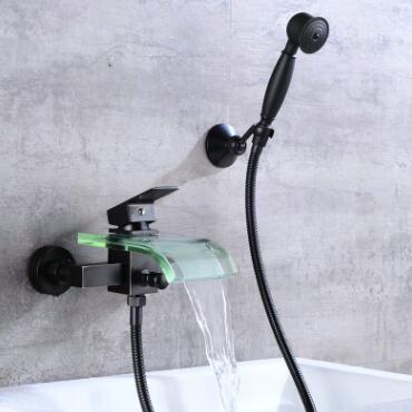 Antique Bathtub Tap Black Bronze Brass Waterfall Glass Spout Tap Hand Shower Set TB0365G