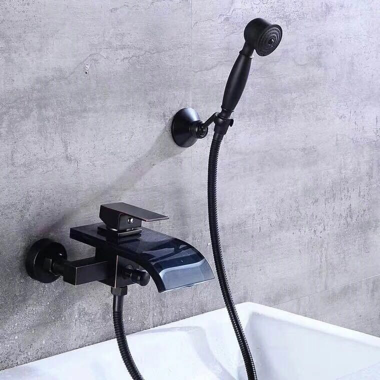 Black Bronze Brass Waterfall Glass Spout Mixer Bathroom Bathtub Tap With Hand Shower TB0400G